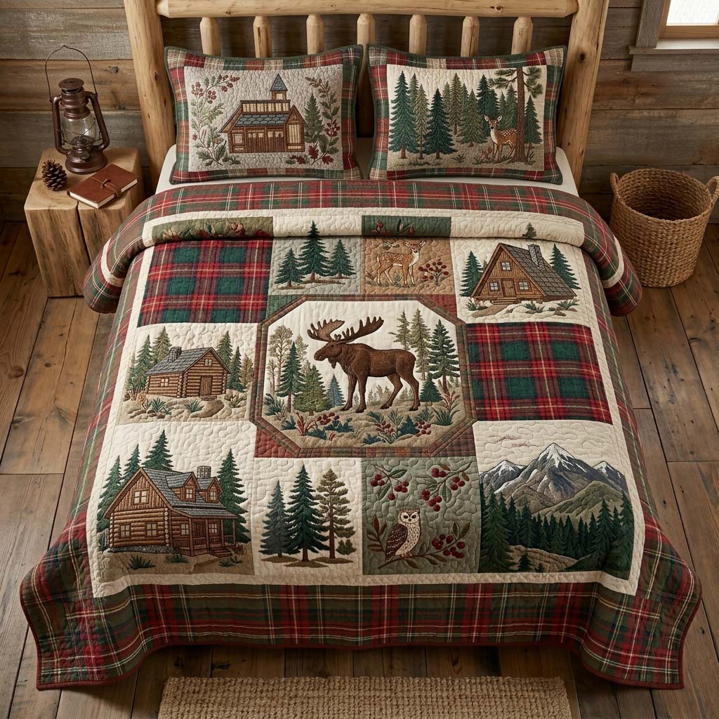 Plaid Woodland Moose 3-Piece Quilted Bedding Set - Single (59" x 70")