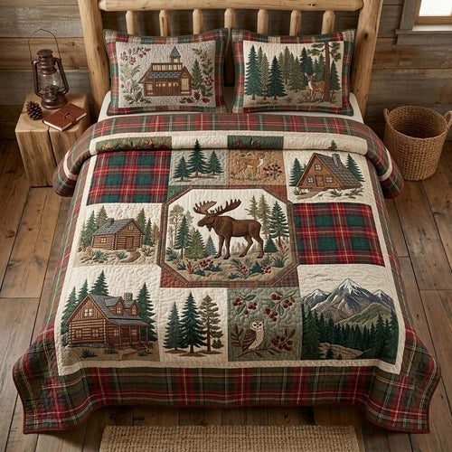 Plaid Woodland Moose 3-Piece Quilted Bedding Set - Single (59" x 70")