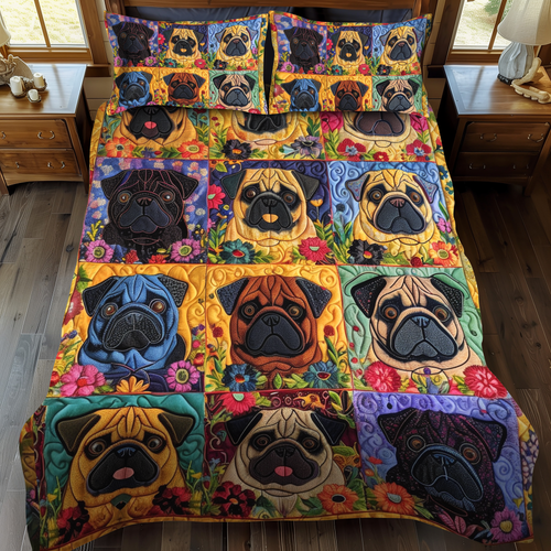 Playful Pugs 3-Piece Quilted Bedding Set - Single (59" x 70")