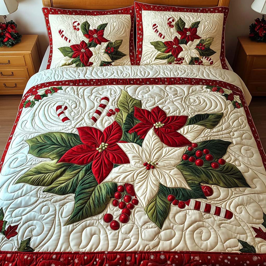 Single (59'' x 70'') /Poinsettia Joy 3-Piece Quilted bedding Set