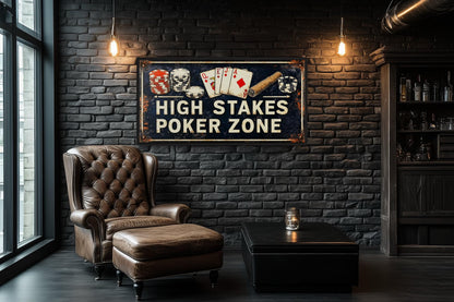 Poker Wall Art - High Stakes Poker Zone Sign For Game Room Decor