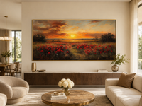 Red Poppies Field At Sunset Wall Art – Panoramic Floral Landscape Canvas
