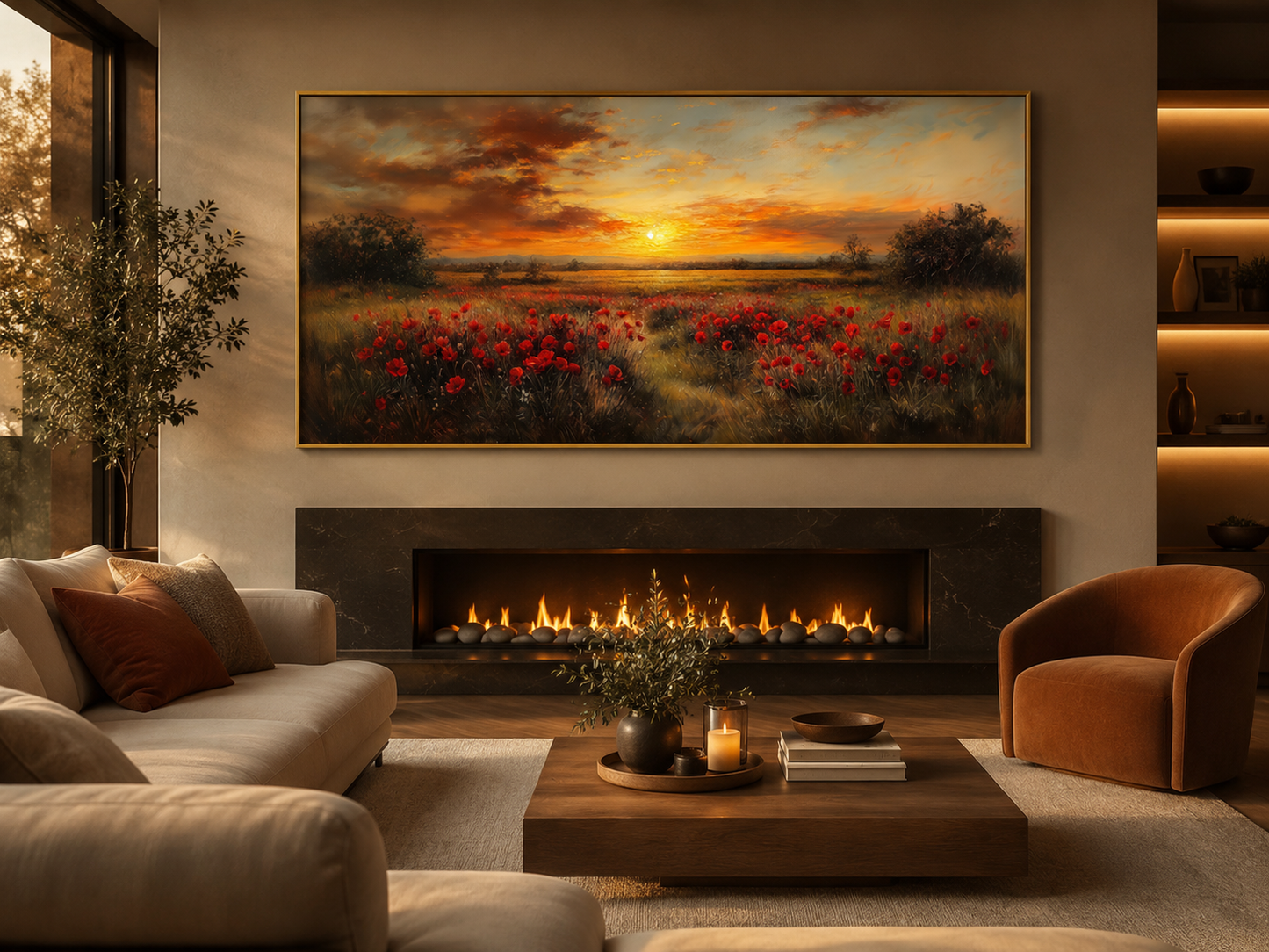 Red Poppies Field At Sunset Wall Art – Panoramic Floral Landscape Canvas