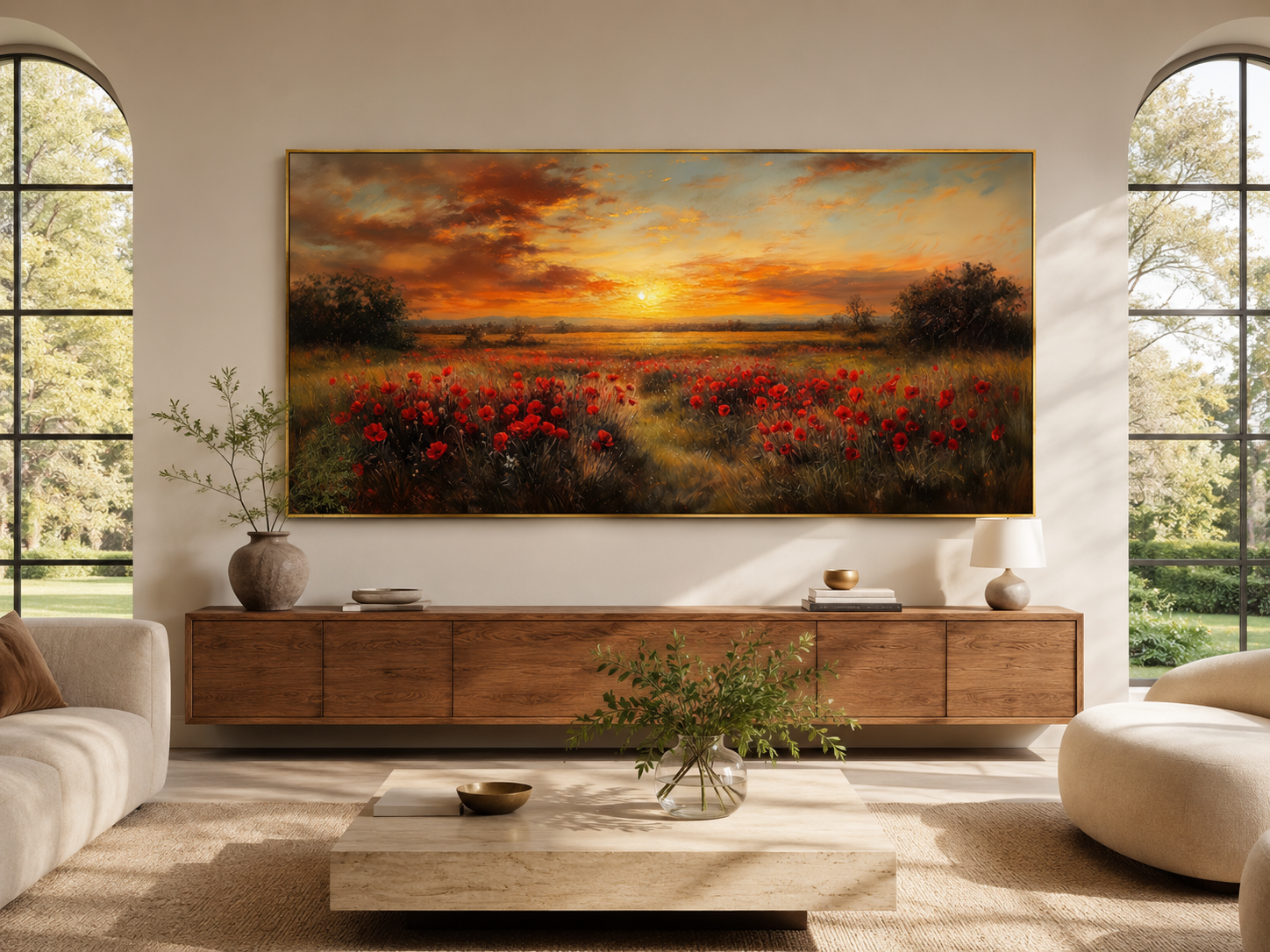 Red Poppies Field At Sunset Wall Art – Panoramic Floral Landscape Canvas