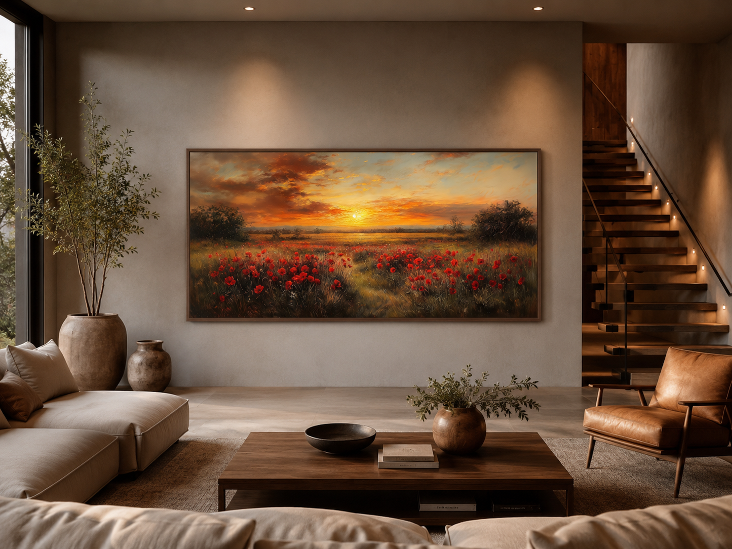 Red Poppies Field At Sunset Wall Art – Panoramic Floral Landscape Canvas