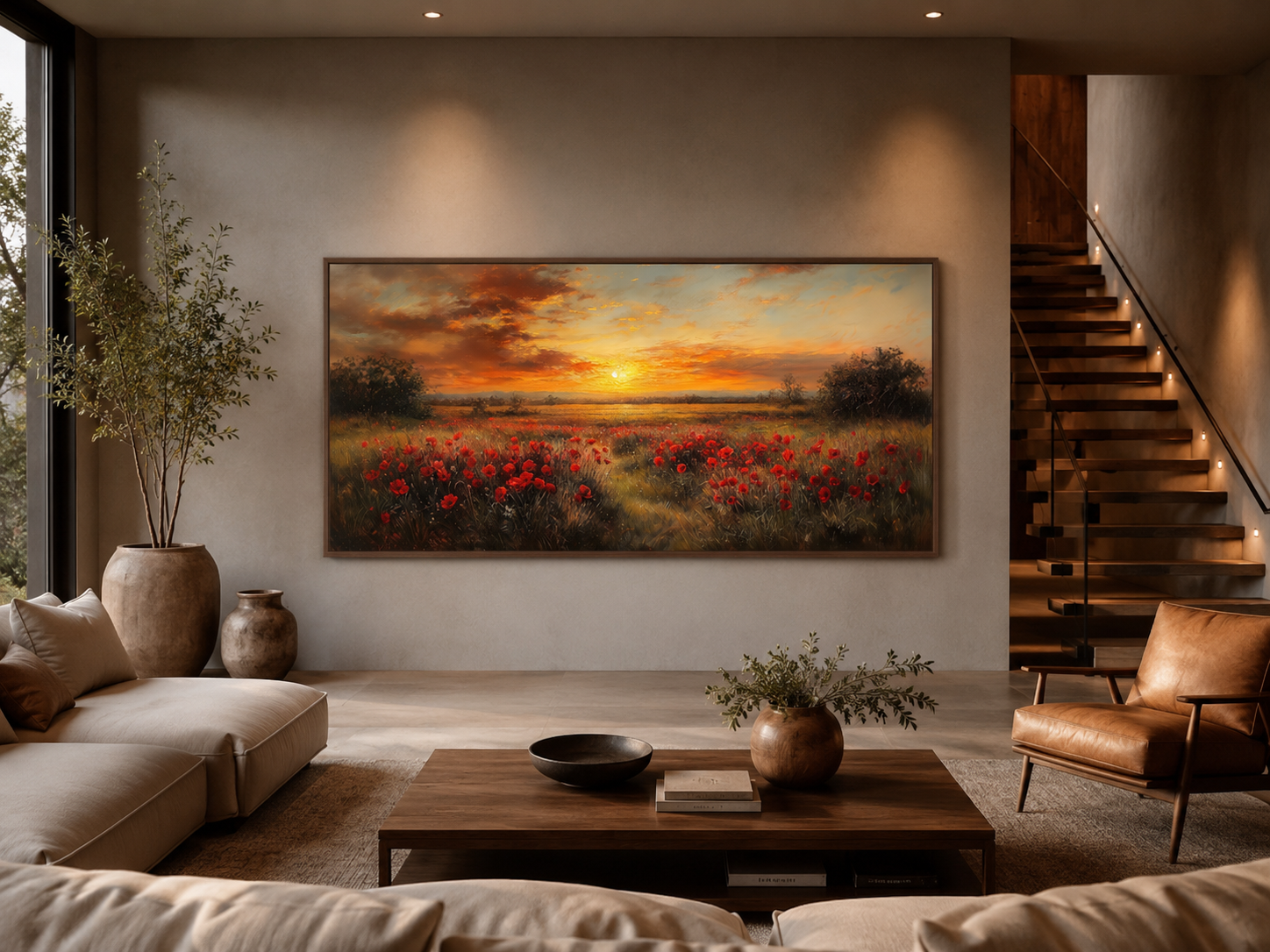 Red Poppies Field At Sunset Wall Art – Panoramic Floral Landscape Canvas
