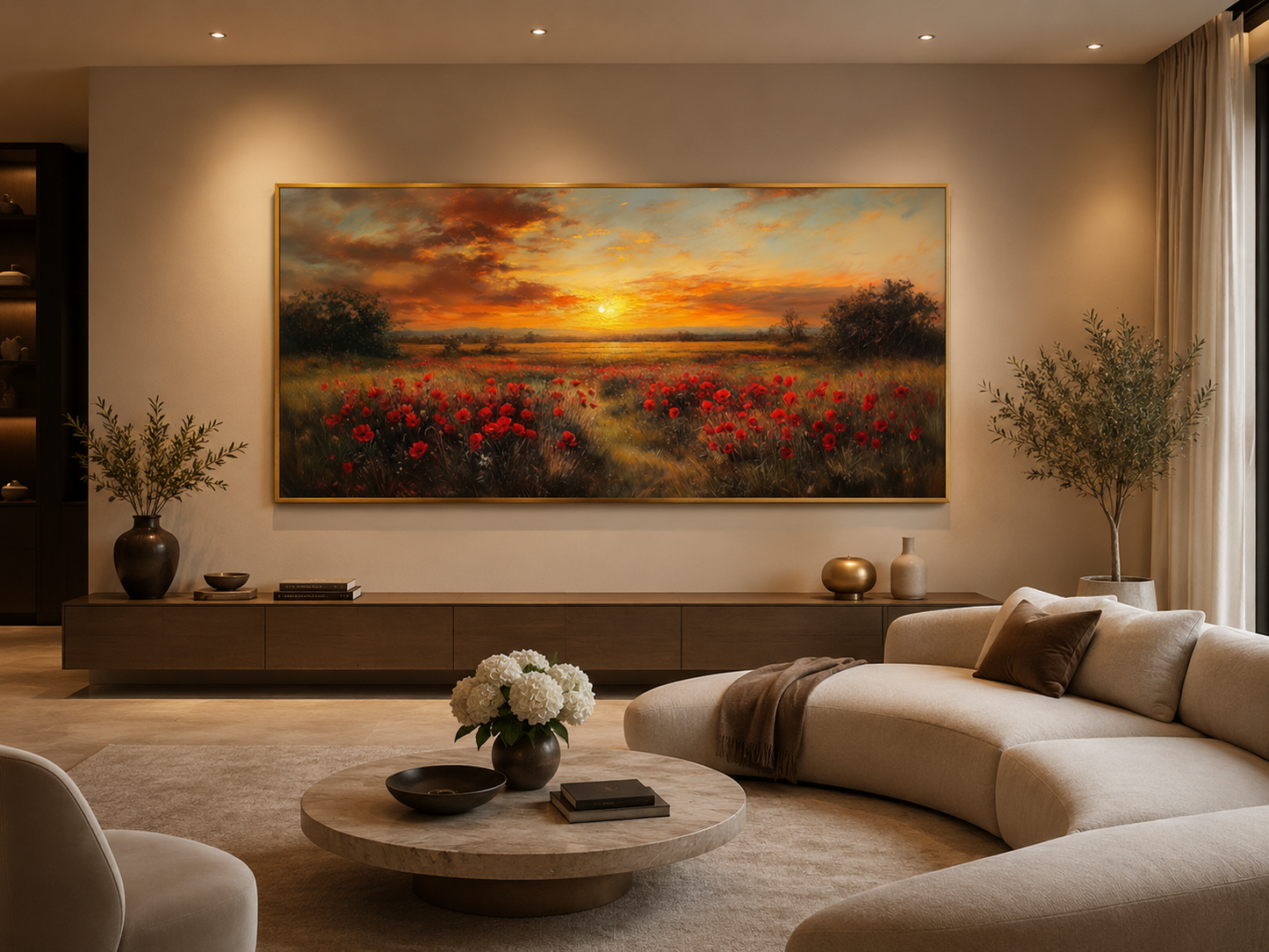 Red Poppies Field At Sunset Wall Art – Panoramic Floral Landscape Canvas
