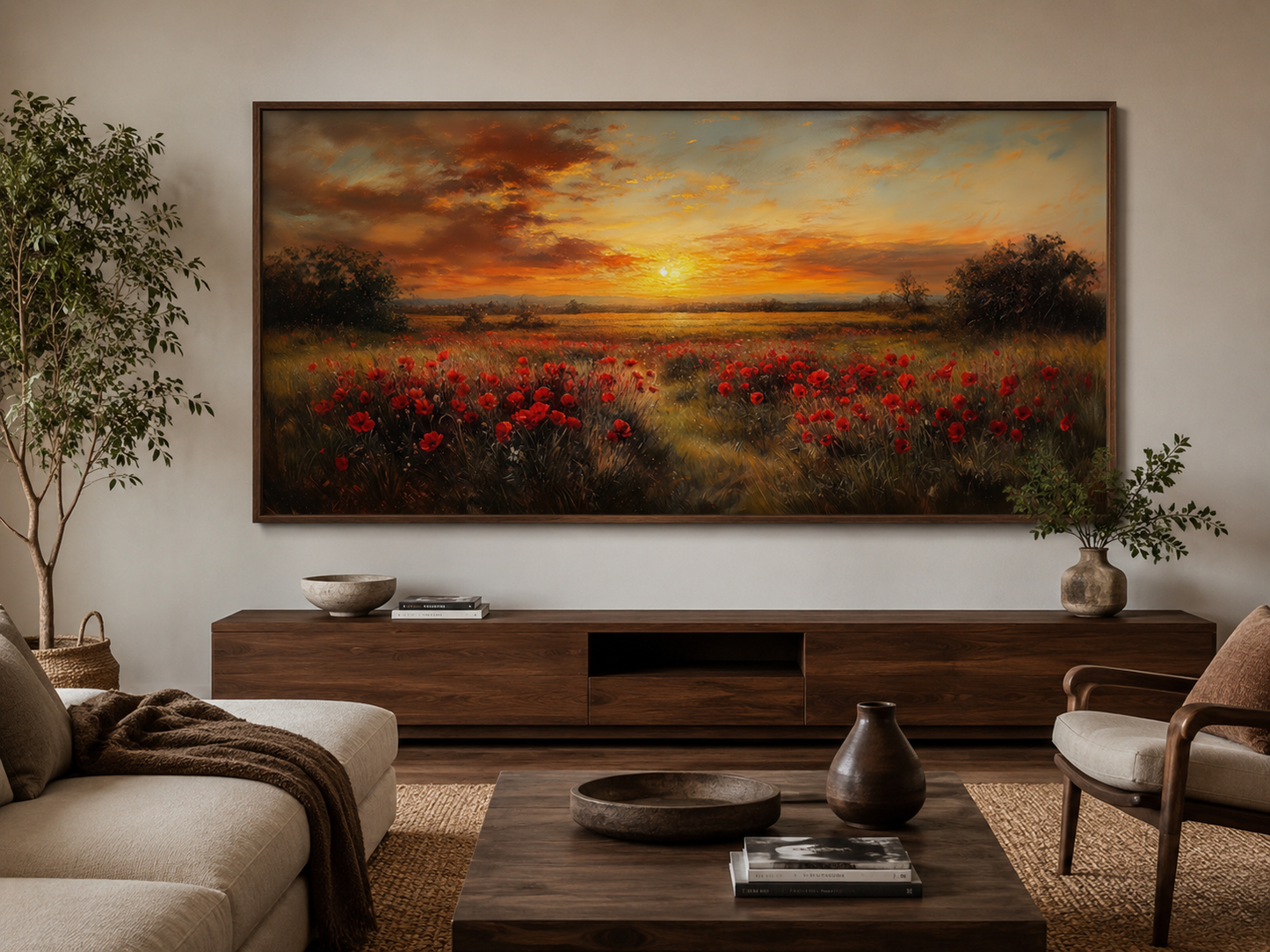 Red Poppies Field At Sunset Wall Art – Panoramic Floral Landscape Canvas