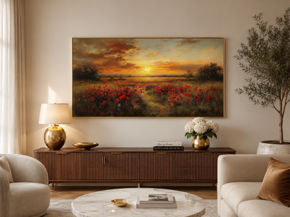 Red Poppies Field At Sunset Wall Art – Panoramic Floral Landscape Canvas