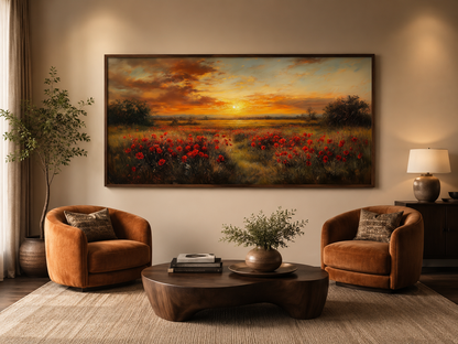 Red Poppies Field At Sunset Wall Art – Panoramic Floral Landscape Canvas