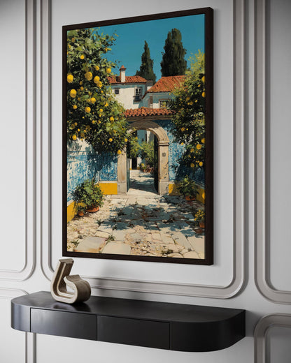 Portugal Courtyard Wall Art – Blue Azulejos Tiles & Lemon Tree Canvas Decor