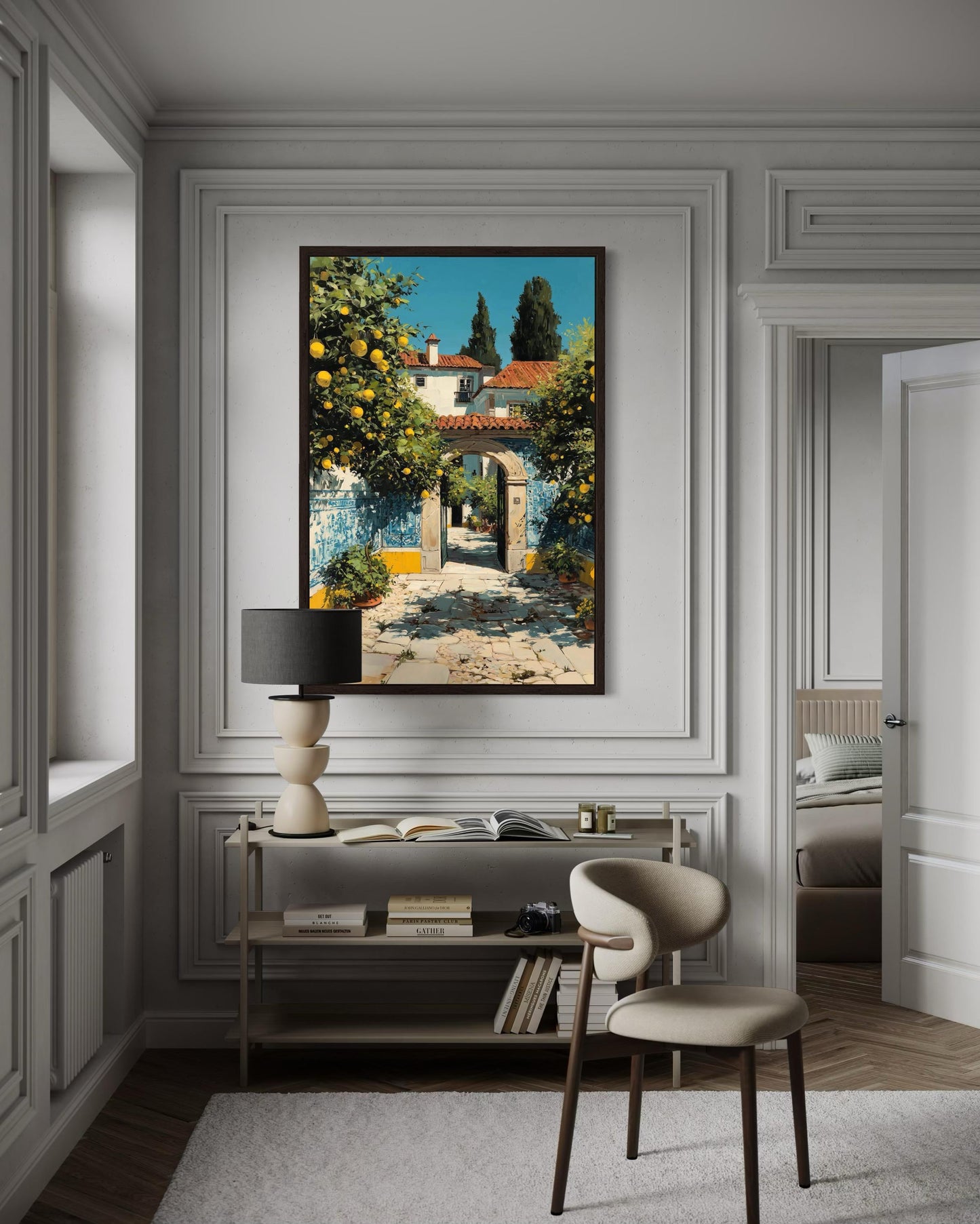 Portugal Courtyard Wall Art – Blue Azulejos Tiles & Lemon Tree Canvas Decor