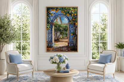 Portuguese Doorway Adorned With Blue White Azulejos And Orange Trees Wall Art