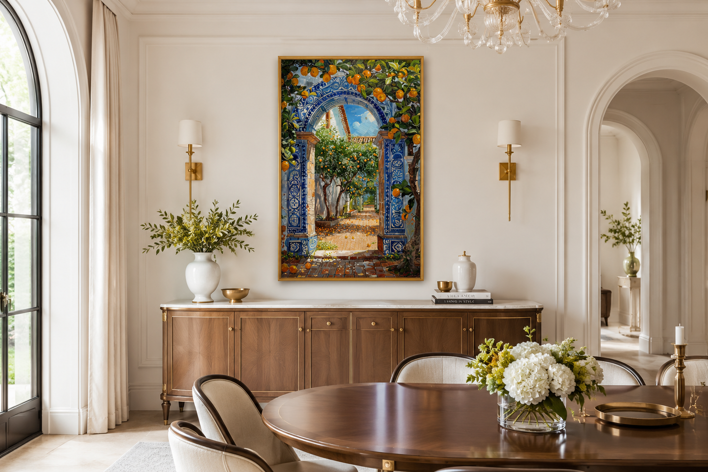 Portuguese Doorway Adorned With Blue White Azulejos And Orange Trees Wall Art