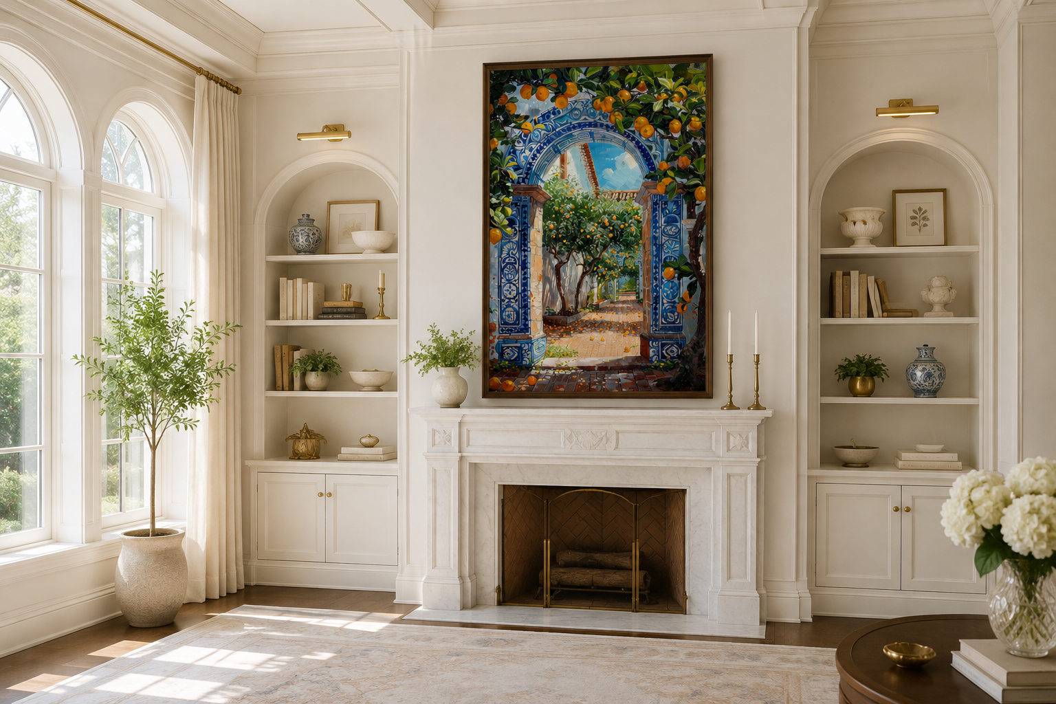 Portuguese Doorway Adorned With Blue White Azulejos And Orange Trees Wall Art