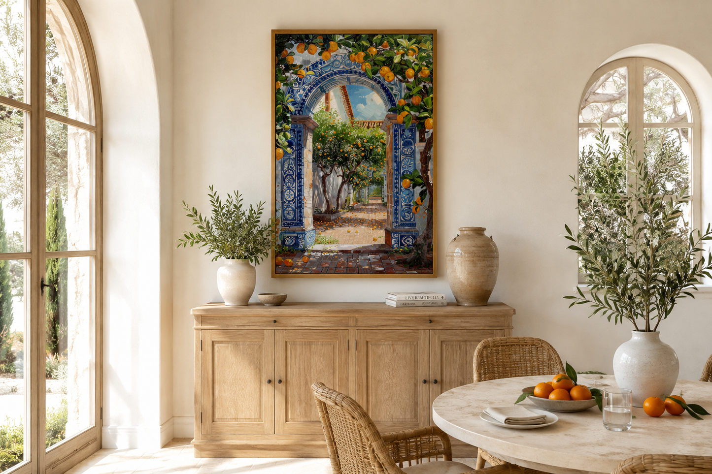 Portuguese Doorway Adorned With Blue White Azulejos And Orange Trees Wall Art