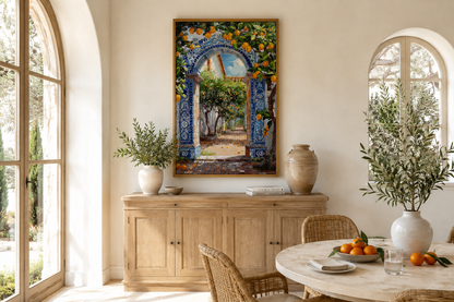Portuguese Doorway Adorned With Blue White Azulejos And Orange Trees Wall Art
