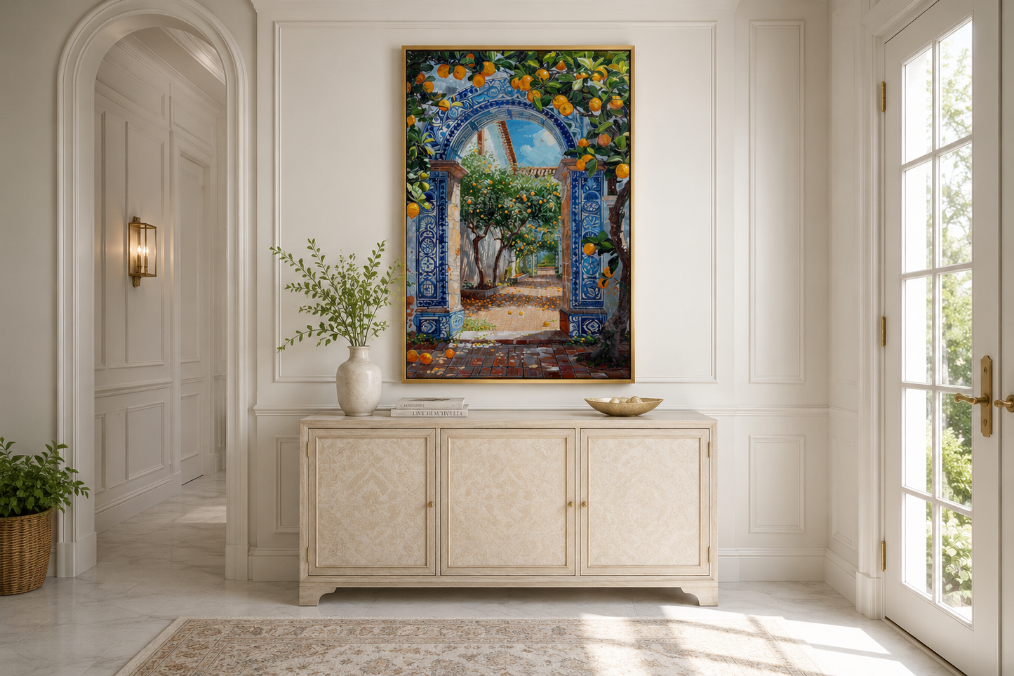 Portuguese Doorway Adorned With Blue White Azulejos And Orange Trees Wall Art