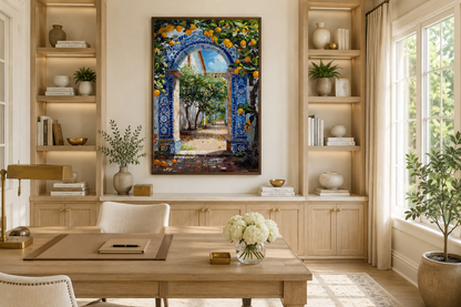 Portuguese Doorway Adorned With Blue White Azulejos And Orange Trees Wall Art