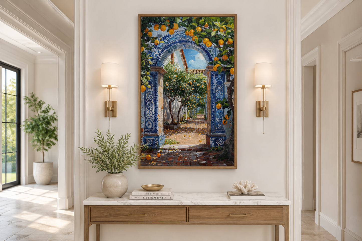 Portuguese Doorway Adorned With Blue White Azulejos And Orange Trees Wall Art