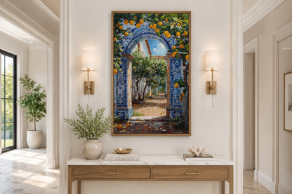 Portuguese Doorway Adorned With Blue White Azulejos And Orange Trees Wall Art