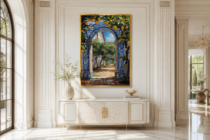 Portuguese Doorway Adorned With Blue White Azulejos And Orange Trees Wall Art
