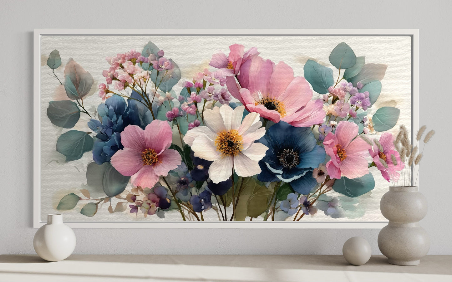Pretty Blue Pink Wildflowers Bouquet Framed Canvas Wall Art