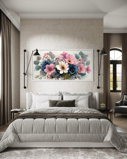 Pretty Blue Pink Wildflowers Bouquet Framed Canvas Wall Art