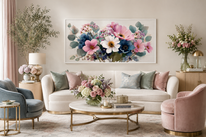 Pretty Blue Pink Wildflowers Bouquet Framed Canvas Wall Art