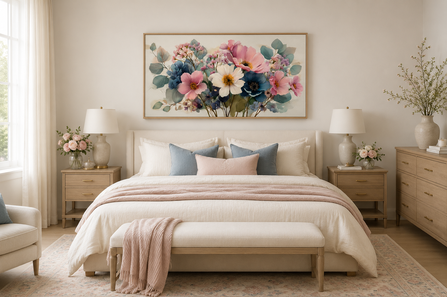 Pretty Blue Pink Wildflowers Bouquet Framed Canvas Wall Art