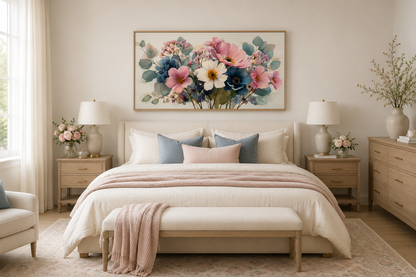 Pretty Blue Pink Wildflowers Bouquet Framed Canvas Wall Art