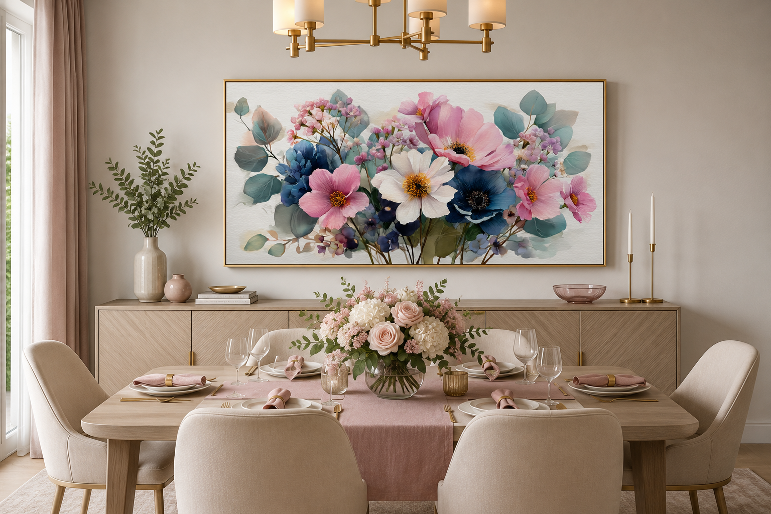 Pretty Blue Pink Wildflowers Bouquet Framed Canvas Wall Art