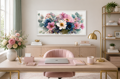 Pretty Blue Pink Wildflowers Bouquet Framed Canvas Wall Art