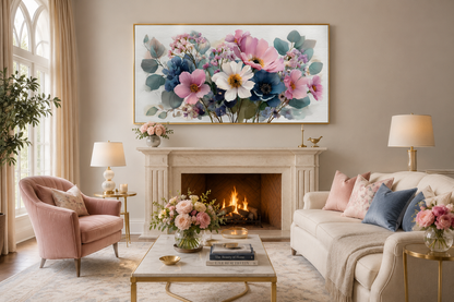 Pretty Blue Pink Wildflowers Bouquet Framed Canvas Wall Art