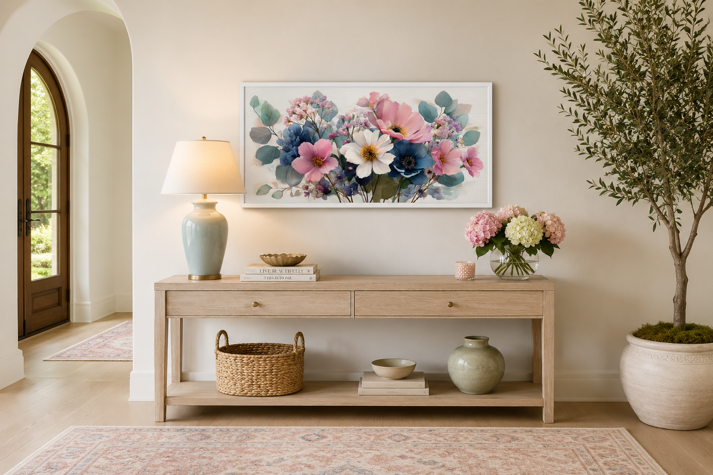 Pretty Blue Pink Wildflowers Bouquet Framed Canvas Wall Art
