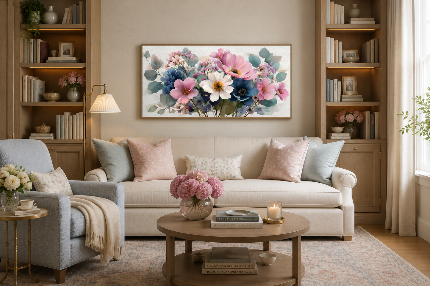 Pretty Blue Pink Wildflowers Bouquet Framed Canvas Wall Art