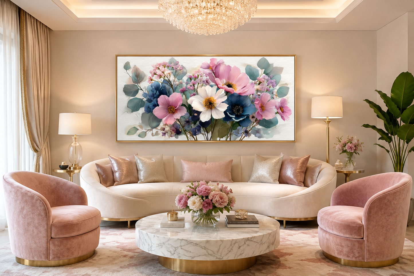Pretty Blue Pink Wildflowers Bouquet Framed Canvas Wall Art