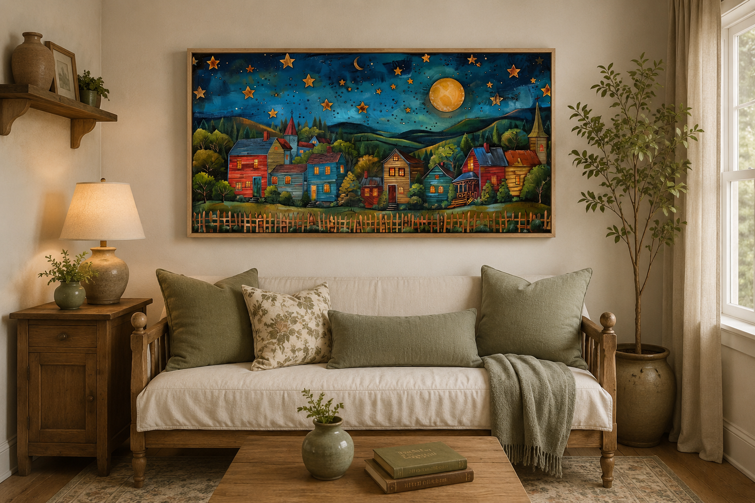 Rustic Village At Night Under Stars And Moon Rural Wall Art