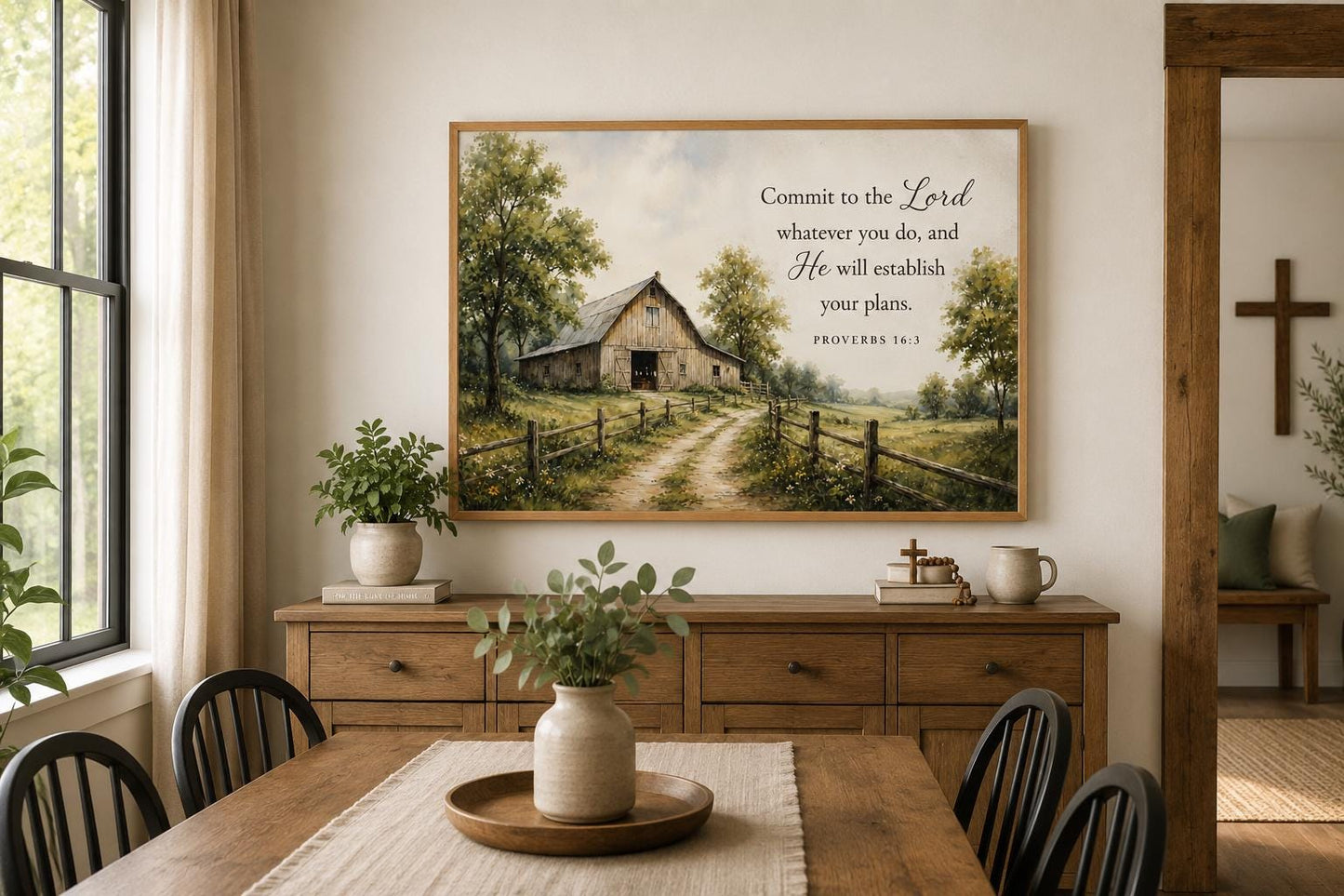 Proverbs 16:3 Wall Art – Farmhouse Wall Decor | Rustic Barn Print Scripture Canvas