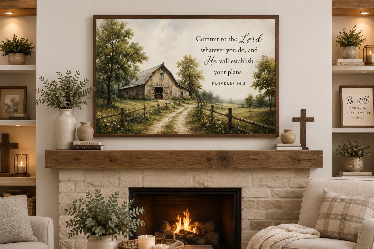 Proverbs 16:3 Wall Art – Farmhouse Wall Decor | Rustic Barn Print Scripture Canvas