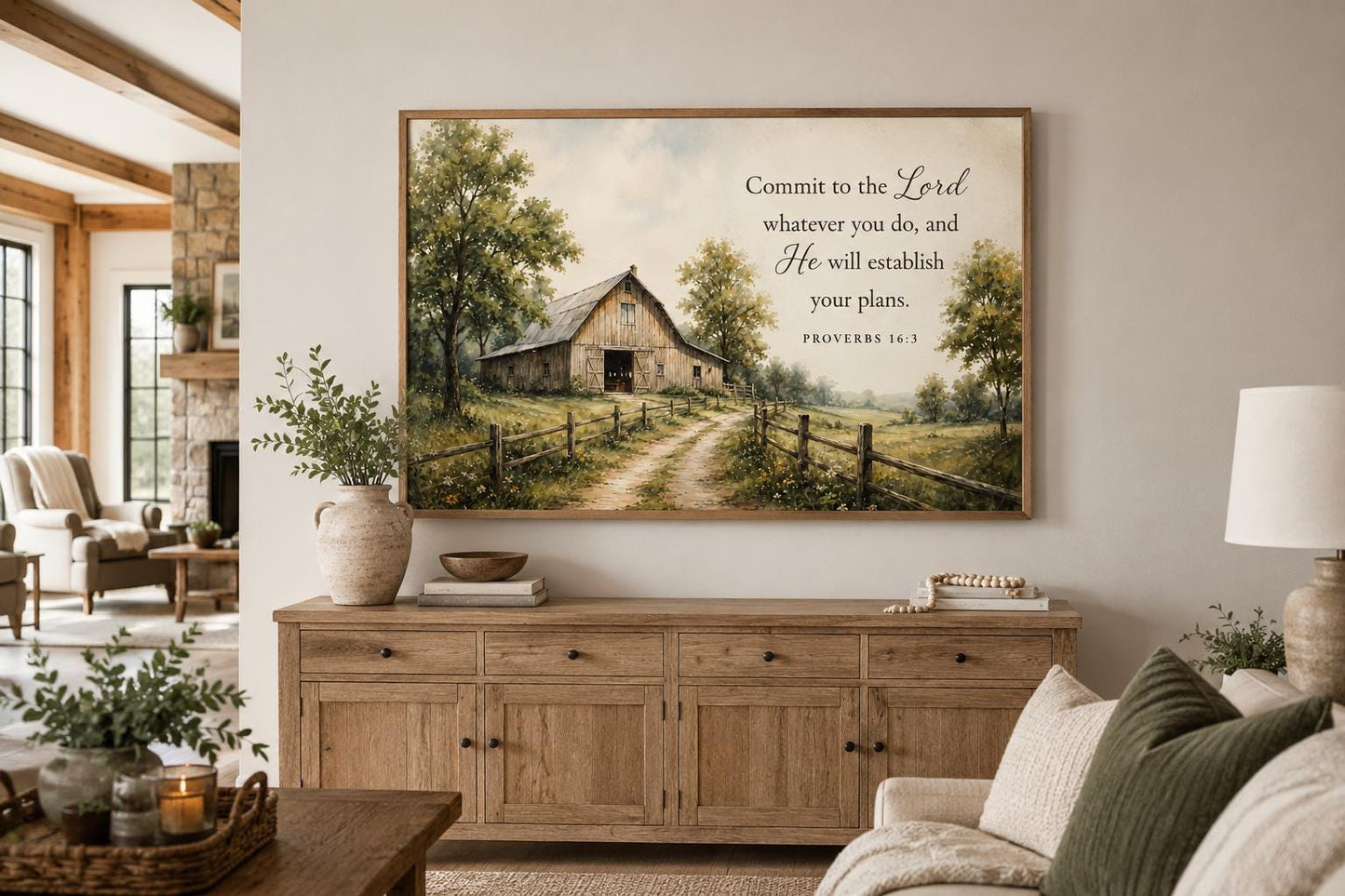 Proverbs 16:3 Wall Art – Farmhouse Wall Decor | Rustic Barn Print Scripture Canvas