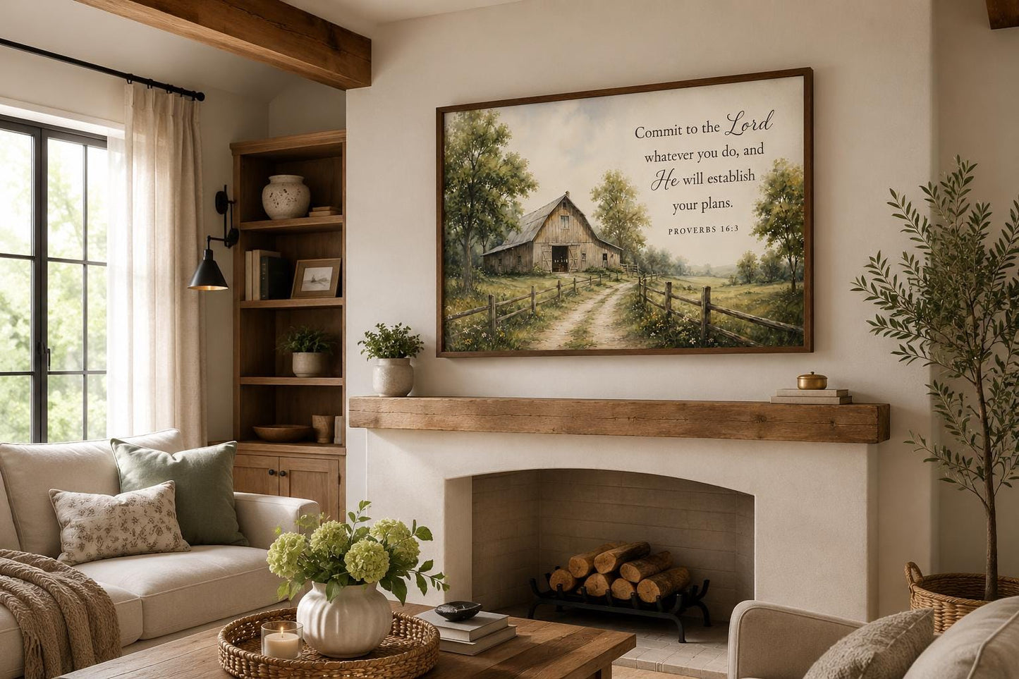 Proverbs 16:3 Wall Art – Farmhouse Wall Decor | Rustic Barn Print Scripture Canvas