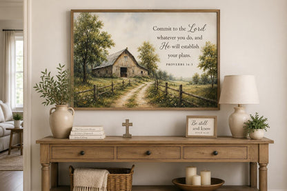 Proverbs 16:3 Wall Art – Farmhouse Wall Decor | Rustic Barn Print Scripture Canvas