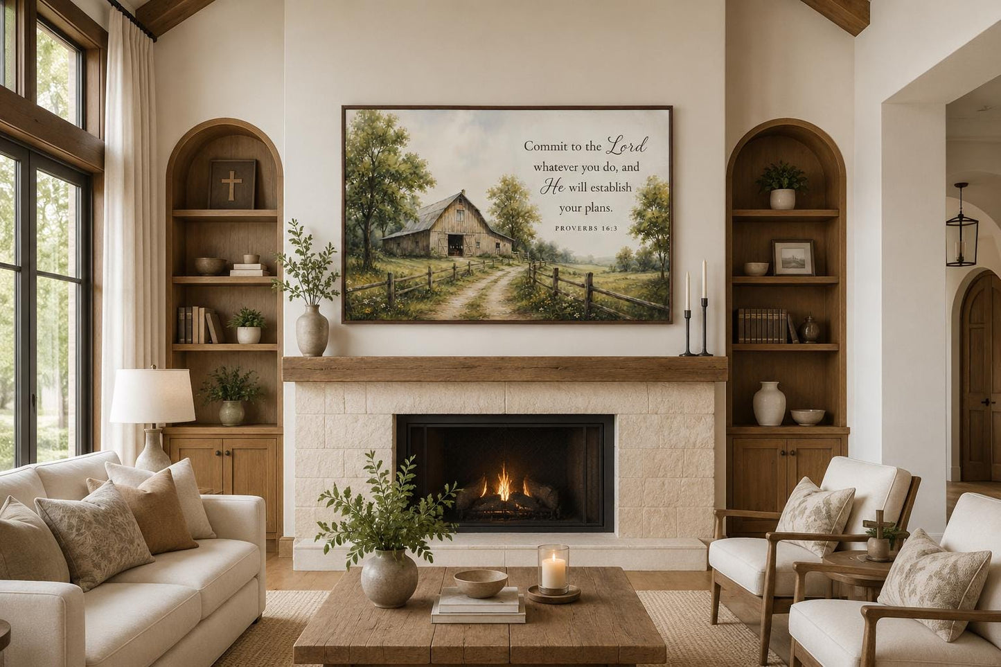 Proverbs 16:3 Wall Art – Farmhouse Wall Decor | Rustic Barn Print Scripture Canvas