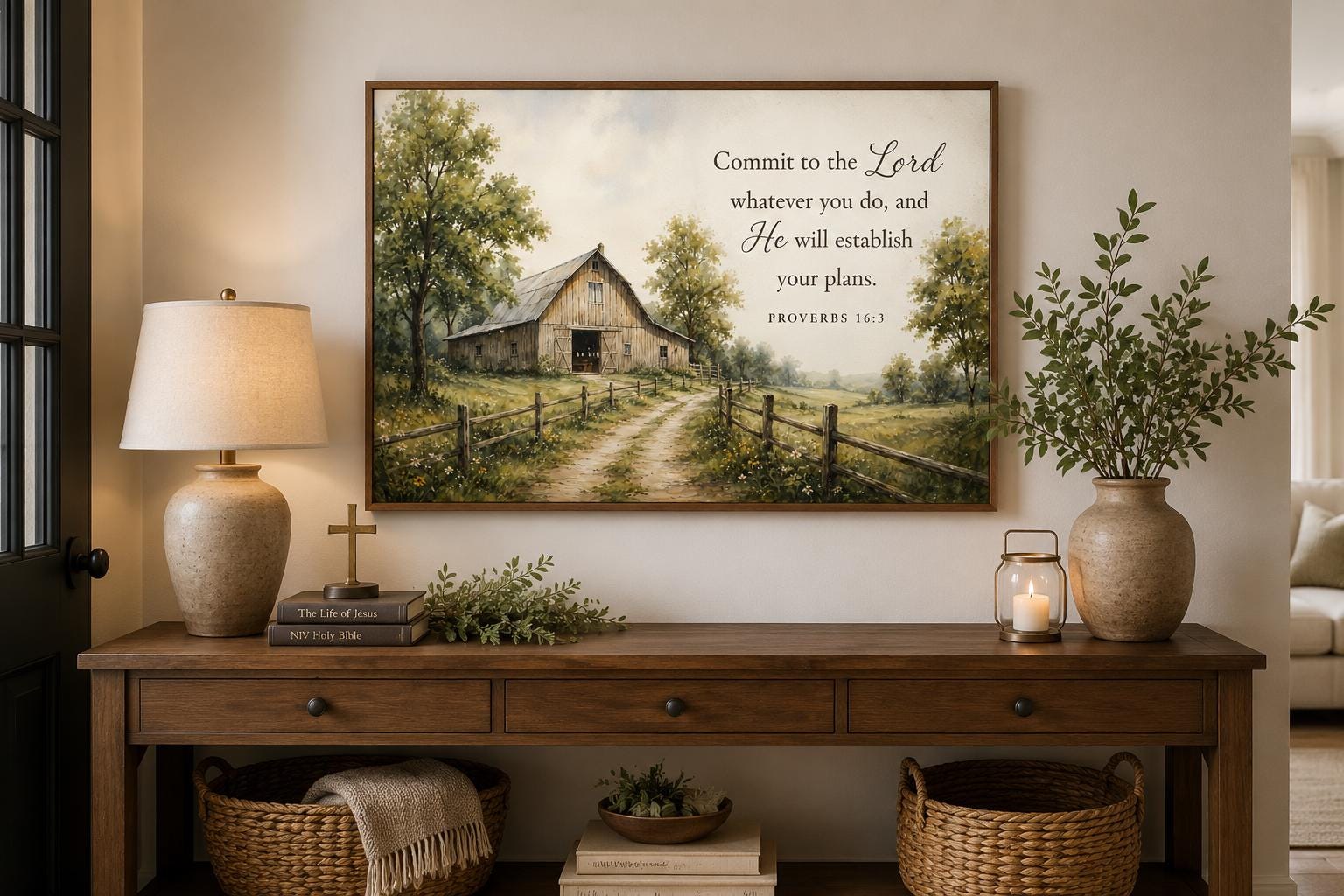 Proverbs 16:3 Wall Art – Farmhouse Wall Decor | Rustic Barn Print Scripture Canvas