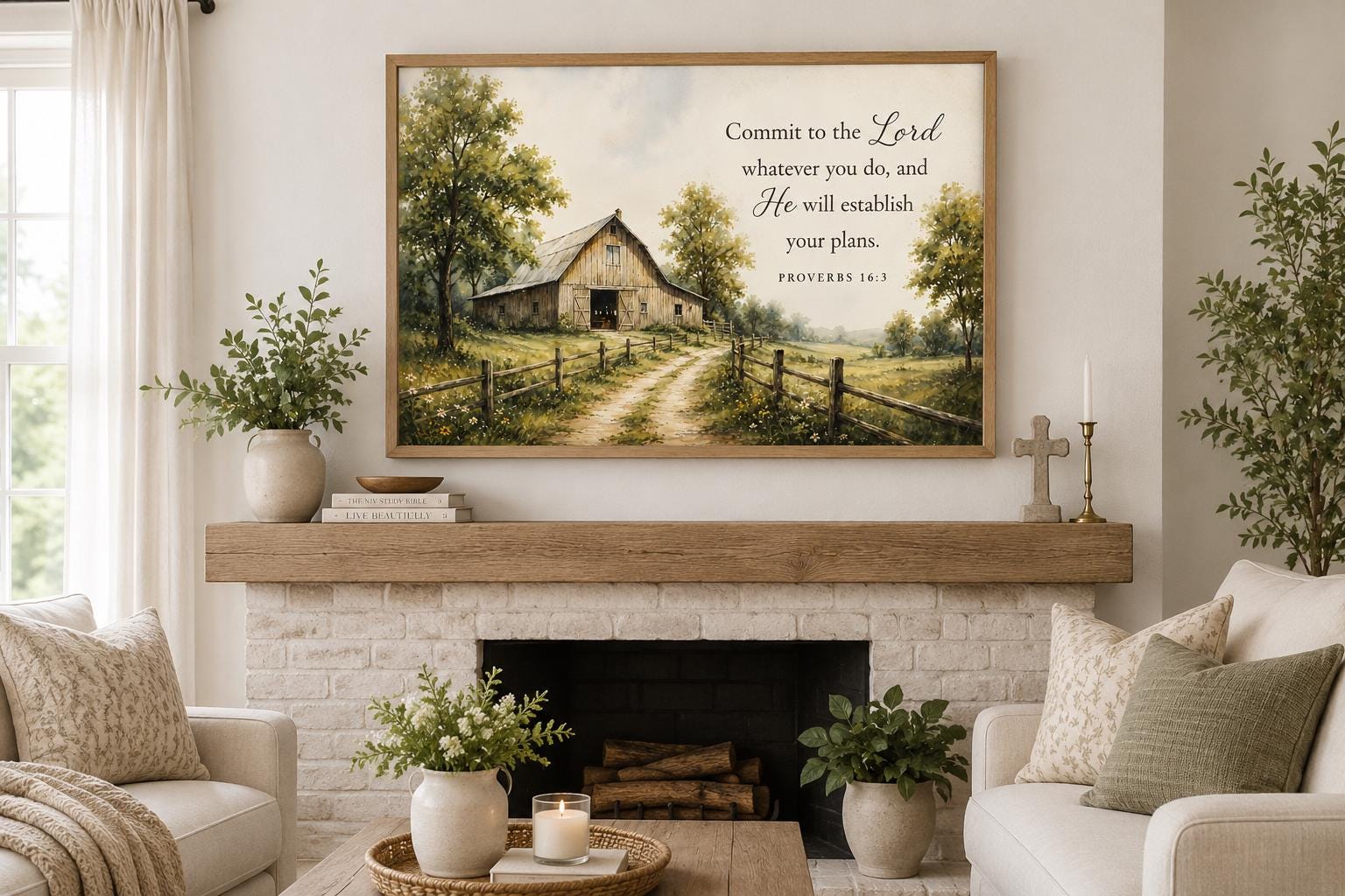 Proverbs 16:3 Wall Art – Farmhouse Wall Decor | Rustic Barn Print Scripture Canvas