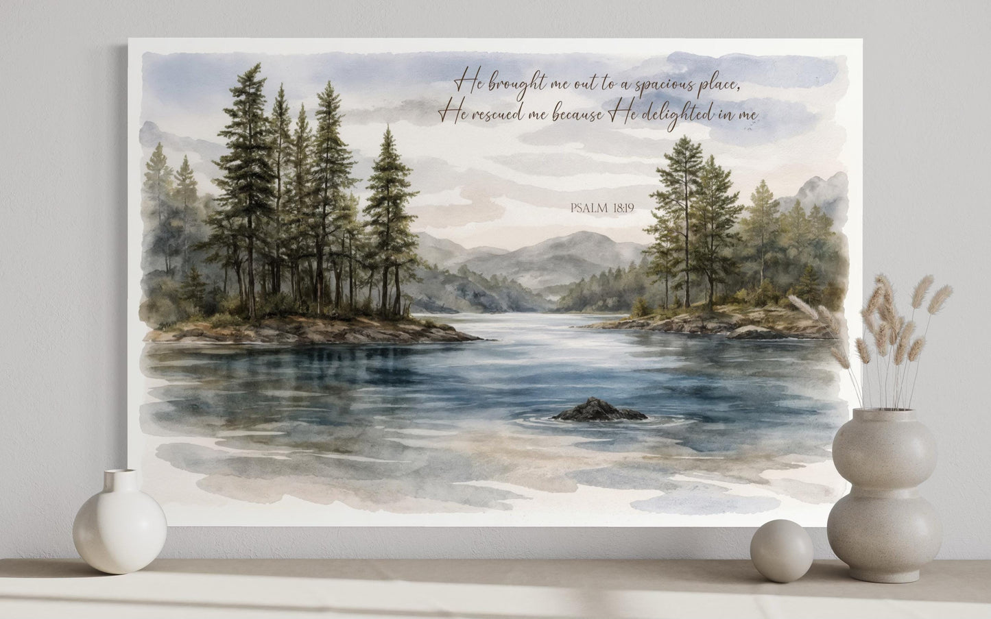 Psalm 18:19 Wall Art - Serene Lake Landscape Canvas Print | Christian Faith Decor