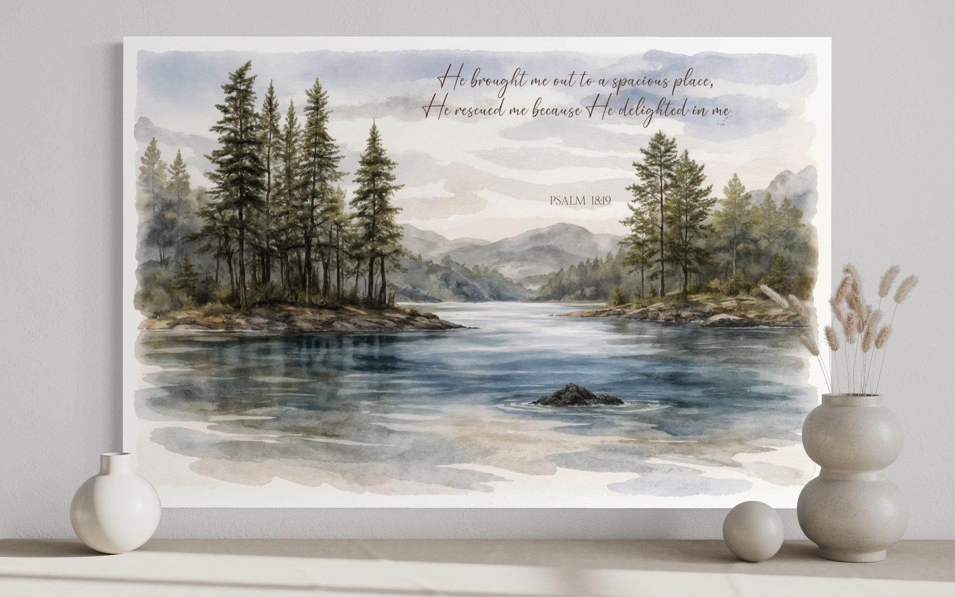Psalm 18:19 Wall Art - Serene Lake Landscape Canvas Print | Christian Faith Decor