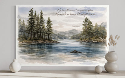 Psalm 18:19 Wall Art - Serene Lake Landscape Canvas Print | Christian Faith Decor