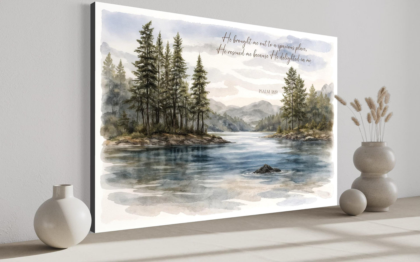 Psalm 18:19 Wall Art - Serene Lake Landscape Canvas Print | Christian Faith Decor
